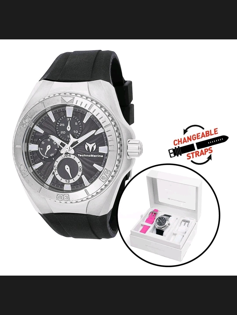 Technomarine Black and Silver Mens Chronograph Watch with Changeable Straps 41mm